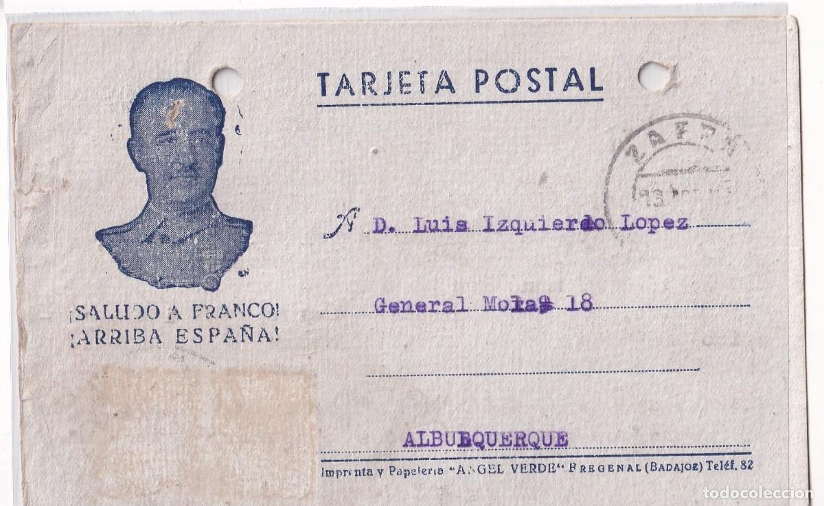 Postales: Postal patri&oacute;tica saludo a Franco. Enviada desde Zafra en 1941 Imprenta Fregegal Badajoz
