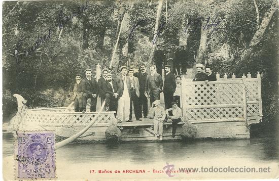 BALNEARIO DE ARCHENA. BARCA SOBRE EL RIO SEGURA. AÑO 1914. MILITAR. SOLDADOS. CIRCULADA A FRANCIA. (Postales - España - Murcia Antigua (hasta 1.939))