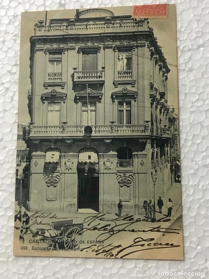 Postais: POSTAL CARTEGANA, BANCO DE ESPA&Ntilde;A ENRIQUE CARRE&Ntilde;O CIRCULADA Y ESCRITA 1902