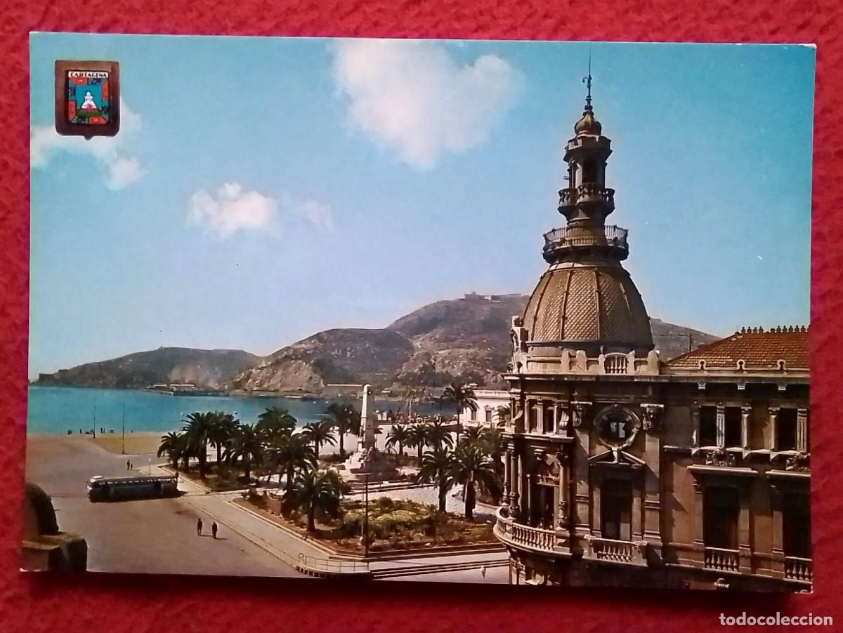 Postales: POSTAL POST CARD CARTAGENA MURCIA PUERTO Y MONUMENTO A LOS H&Eacute;ROES DE CAVITE..AUTOBUS..SPAIN ESPAGNE.