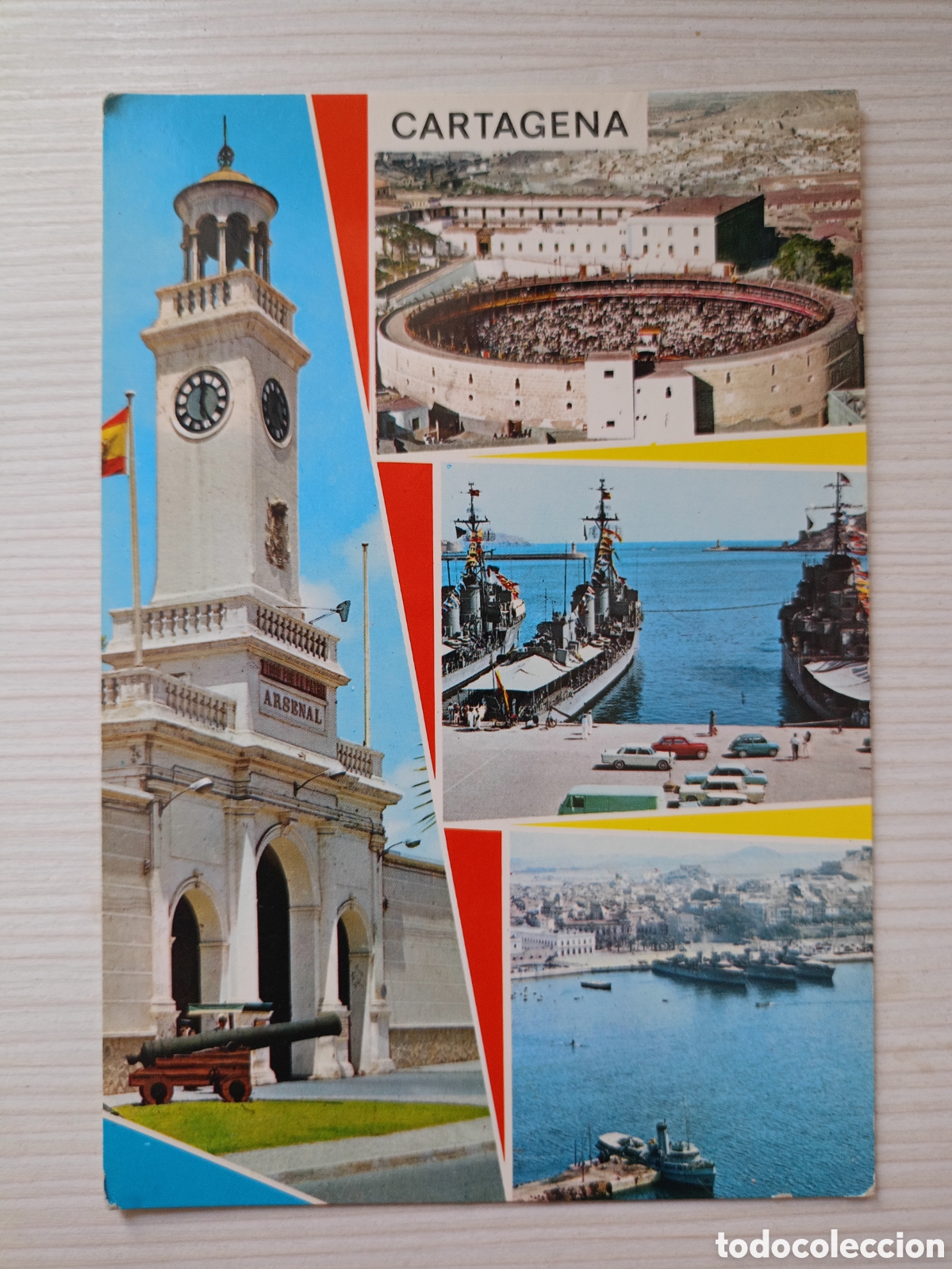 Postales: MURCIA. CARTAGENA. IMAGENES. PUERTA DEL ARSENAL, PLAZA DE TOROS Y MUELLE.