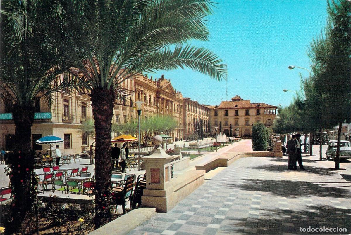 Postales: Postal de la Glorieta de Espa&ntilde;a en Murcia con Terrazas y Palmeras