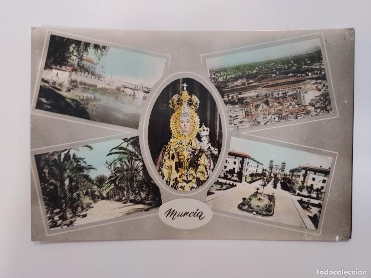 Cartes Postales: POSTAL MURCIA DIVERSOS ASPECTOS. VIRGEN RIO SEGURO PLAZA TOROS. ESCRITA. COLOREADA. ARRIBAS 113