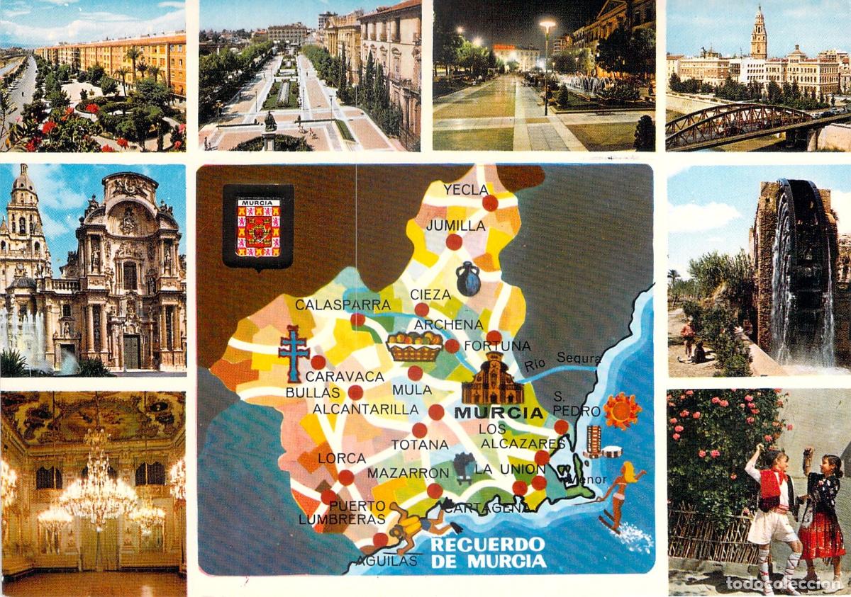 Postales: Postal de Murcia con mapa tur&iacute;stico y monumentos