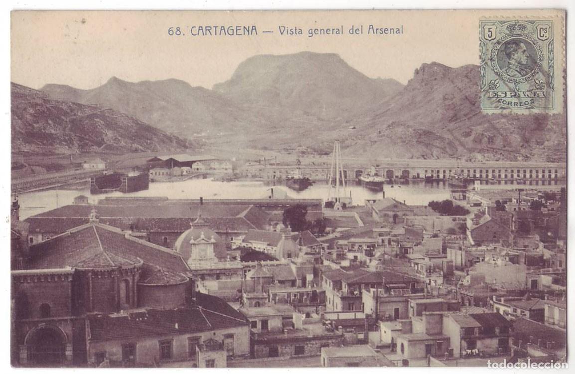 Postales: Cartagena (Murcia): Vista general del Arsenal. Andr&eacute;s Fabert. Circulada (A&ntilde;os 10)
