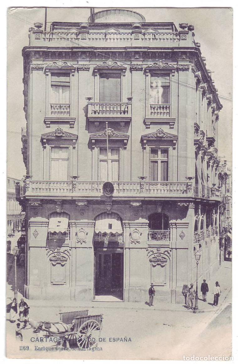 Postales: Cartagena (Murcia): Banco de Espa&ntilde;a. Enrique Carre&ntilde;o. Sin dividir. Circulada (Anterior a 1905)