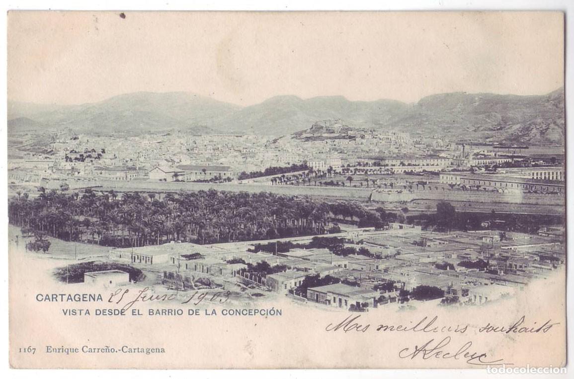 Postales: Cartagena (Murcia): Vista desde el Barrio de la Concepci&oacute;n. Enrique Carre&ntilde;o. Sin dividir (Ant. 1905)