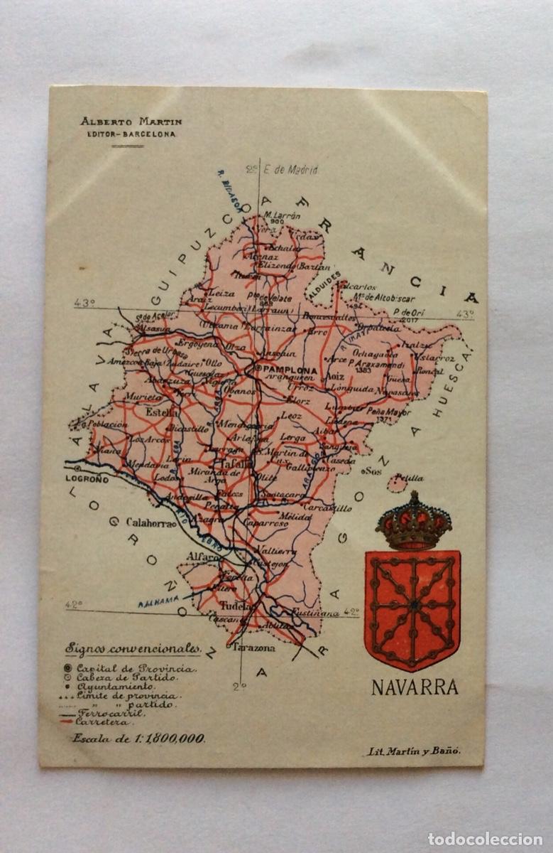Postales: POSTAL EDITOR ALBERTO MART&Iacute;N MAPA Y ESCUDO NAVARRA - Foto 1