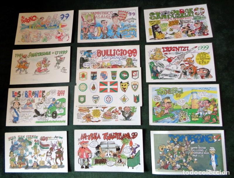 Postales: COLECCI&Oacute;N COMPLETA TRECE TARJETAS ILUSTRADAS PANCARTAS PE&Ntilde;AS PAMPLONA SAN FERMIN 1999 FIESTAS