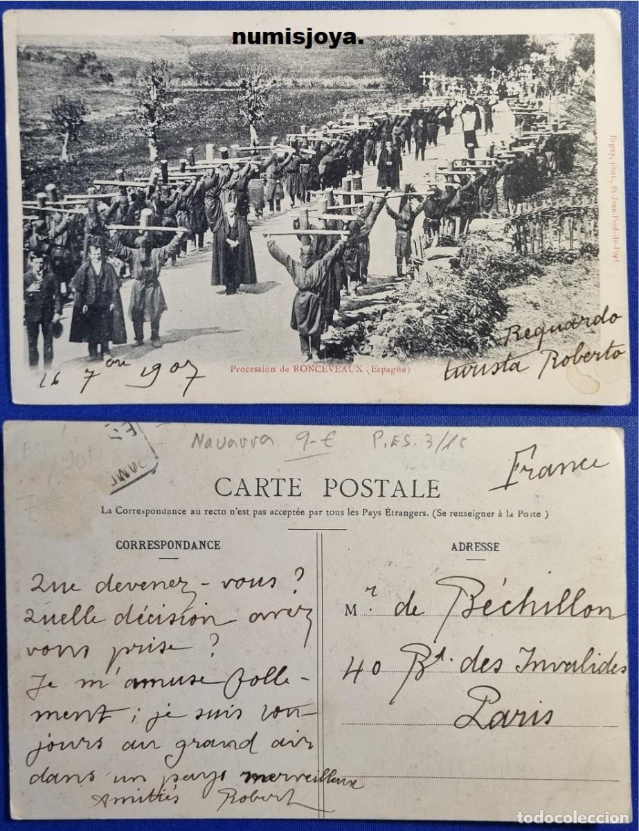 Postales: Postal de RONCESVALLES (Navarra) Espa&ntilde;a a&ntilde;o 1900. Procesi&oacute;n de Roncesvalles. Escrita en 1907.