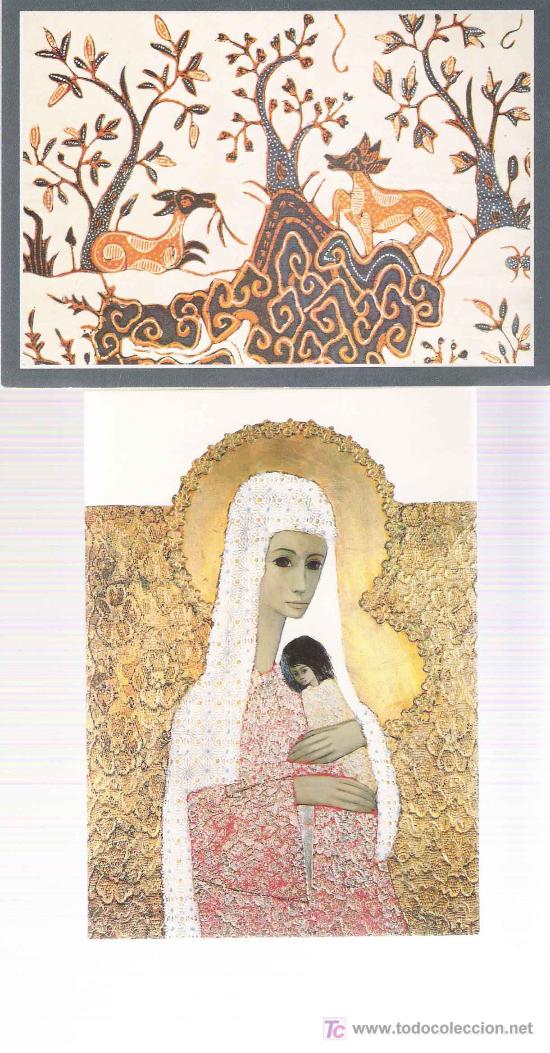Cartes Postales: 2 tarjetas navidad  UNICEF: Batik an&oacute;nimo de Indonesia y Virgen con ni&ntilde;o de Jef  Wauters