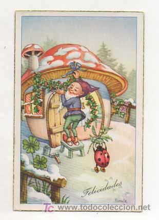 Postkarten: FELICITACI&Oacute;N. DUENDE. GNOMO. ILUSTRADA.