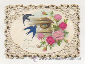 Postkarten: FELICITACI&Oacute;N TROQUELADA CON ILUSTRACI&Oacute;N. SALUD Y FELICIDADES. 8 X 11,5 CM.