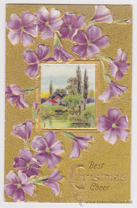 Postcards: POSTAL DE NAVIDAD PRINCIPIOS SIGLO XX 1910, BONITA TARJETA DORADA, VIOLETAS Y PAISAJE RURAL