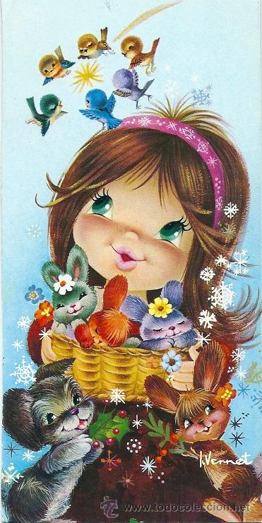 Postais: 2076M - VERNET- NI&Ntilde;A CON CANASTA DE ANIMALITOS , MU&Eacute;RDAGO, PAJARITOS... MIDE 16X7,8 CM