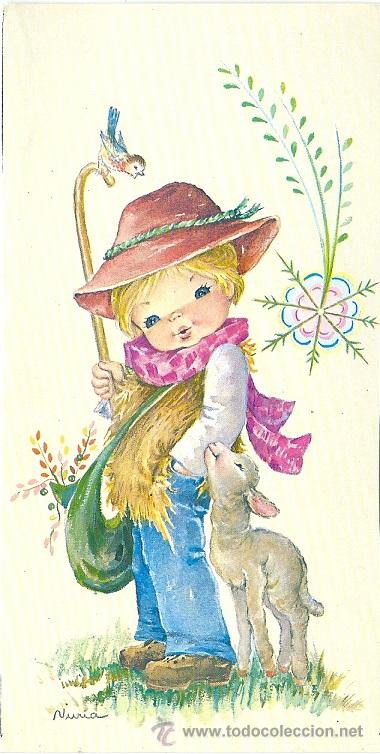 Postais: 2082M - NURIA BARO- PASTORCILLO, CORDERITO, PAJARITO- PRECIOSA POSTAL 15,8X8 CM - FALTA REVERSO