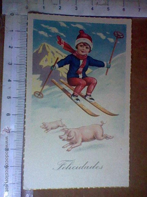 Postales: tarjeta navide&ntilde;a alpinismo sky ski saltando cerdos sin escribir a&ntilde;os 40 / 50