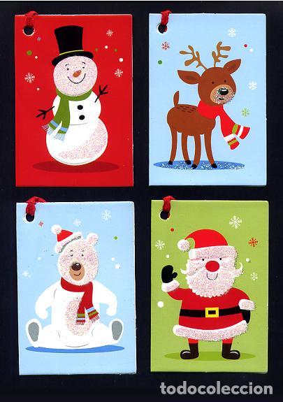 Postcards: LOTE 4 MINI TARJETAS NAVIDAD CON PURPURINA DE 8 X 5'5 CMS. CON CINTA ROJA PARA REGALO O COLGAR ARBOL