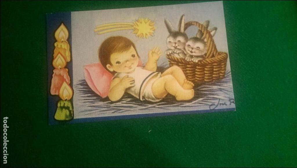Postales: ANTIGUA POSTAL NAVIDE&Ntilde;A &laquo;NI&Ntilde;O JES&Uacute;S Y CESTO CON CONEJITOS&raquo; A&Ntilde;O 1976