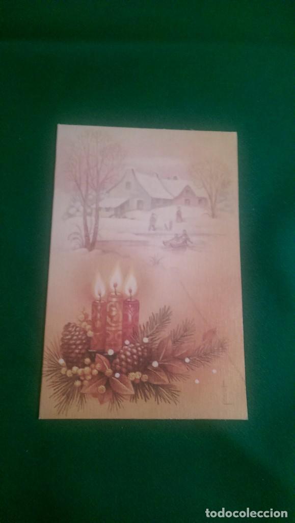Postales: POSTAL NAVIDE&Ntilde;A &laquo;PAISAJE NEVADO CON VELAS Y PI&Ntilde;AS&raquo; 1985. DOBLE. 8,5 X 13 CMS. MANUSCRITA SERIE X206B
