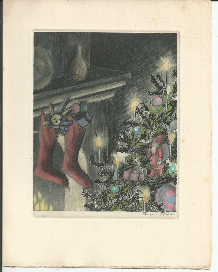Postales: FELICITACION NAVIDAD - ARBOL Y CHIMENEA CON CALCETINES - HELIOGRABADO F. MELICH - DIPTICA