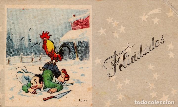 Postkarten: Preciosa postal navide&ntilde;a. Cocinero vencido por un gallo en un paisaje nevado. 1957.