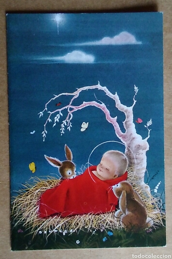 Postales: Tarjeta diptico felicitaci&oacute;n Navidad ni&ntilde;o jesus ilustra benages / 8 x 12 cm escrita 1971