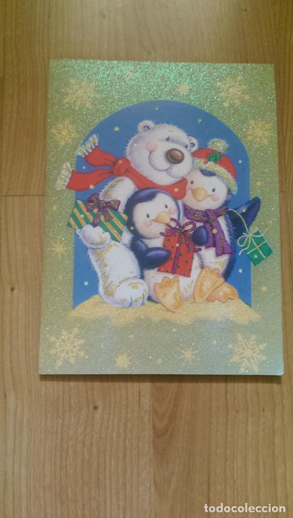 Postales: POSTAL NAVIDE&Ntilde;A &laquo;OSITO CON PING&Uuml;INOS&raquo; PURPURINA
