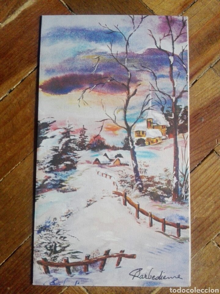 Postcards: Felicitaci&oacute;n navide&ntilde;a - Paisaje nevado-Original pintado con la boca-A&ntilde;os 90-Pedido m&iacute;nimo 3&euro;