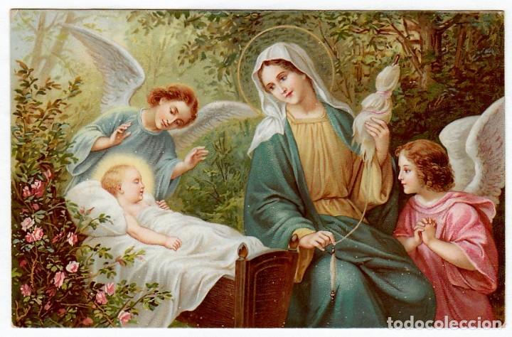 Postais: Bonita y antigua postal. Virgen Mar&iacute;a y Ni&ntilde;o Jesus con los &aacute;ngeles. Escrita 1925 pt