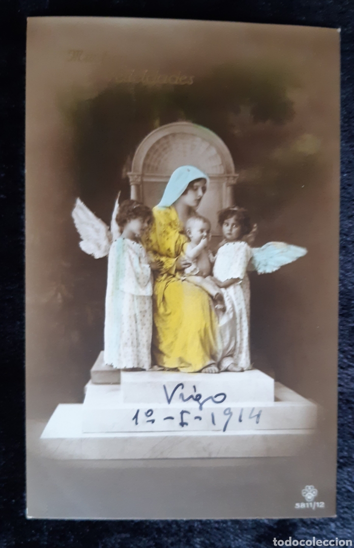 Postales: Postal de navidad con Angeles, la Virgen y el ni&ntilde;o Jes&uacute;s. A&ntilde;o 1914.