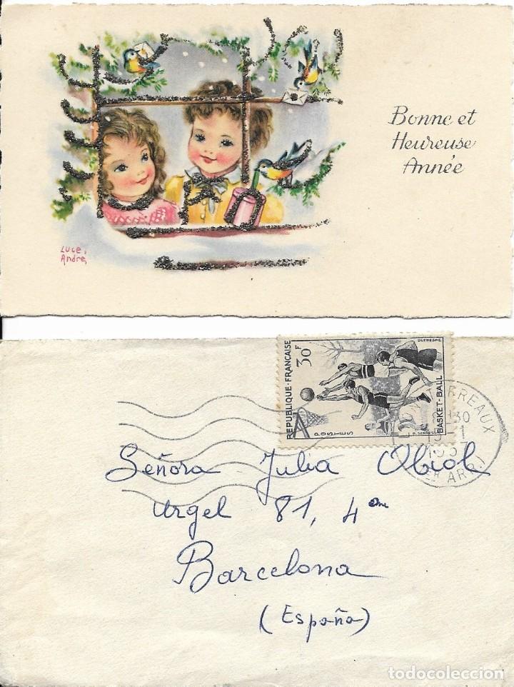 Postales: felicitaci&oacute;n de navidad en franc&eacute;s, enviada y con sobre. A&ntilde;o 1957