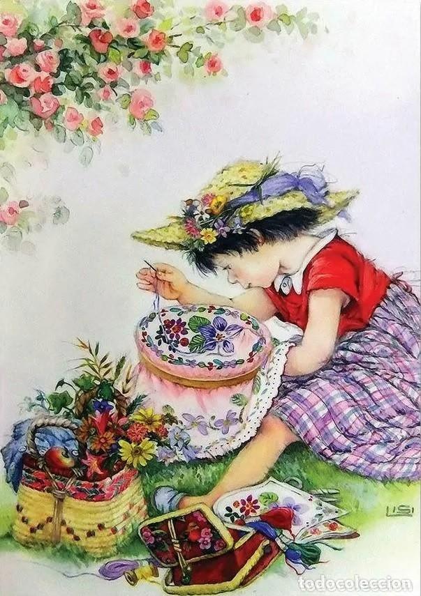 Postales: 9335 - LISI MARTIN - PRECIOSA ILUSTRACI&Oacute;N LA BORDADORA DE LAS FLORES -14,5X10,2 CM