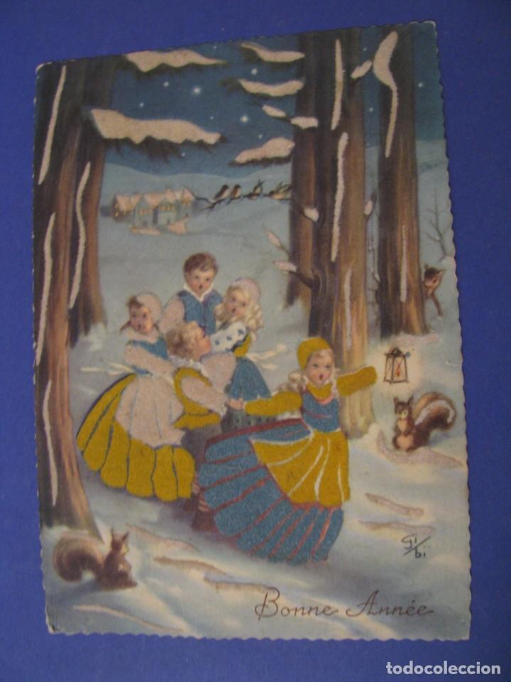 Postales: POSTAL DE NAVIDAD. BONNE ANNEE. ED. SAEMAC. IMPRESO EN ITALIA. PARTES DE TERCIOPELO. ESCRITA.
