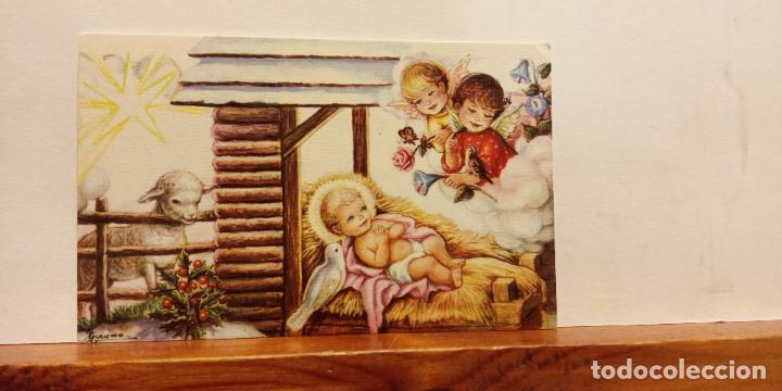 Cartoline: ANGELES VISITAN AL NI&Ntilde;O JES&Uacute;S. MINI TARJETA DE NAVIDAD. UNA HOJA. SIN USAR