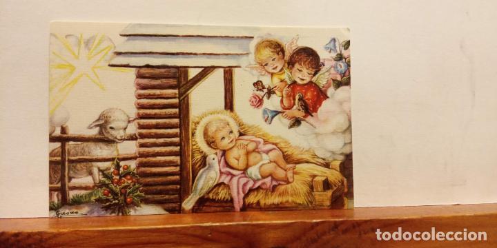 Cartoline: ANGELES VISITAN AL NI&Ntilde;O JES&Uacute;S. MINI TARJETA DE NAVIDAD. UNA HOJA. SIN USAR
