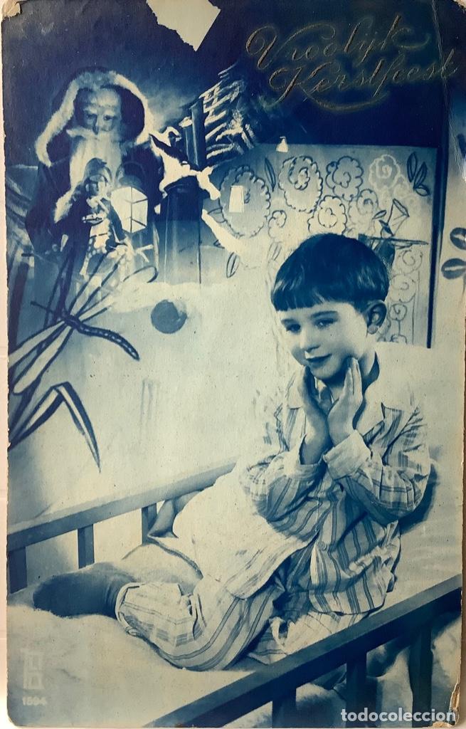 Postkarten: Felicitaci&oacute;n holandesa de Navidad, ni&ntilde;o. Circulada 1935.