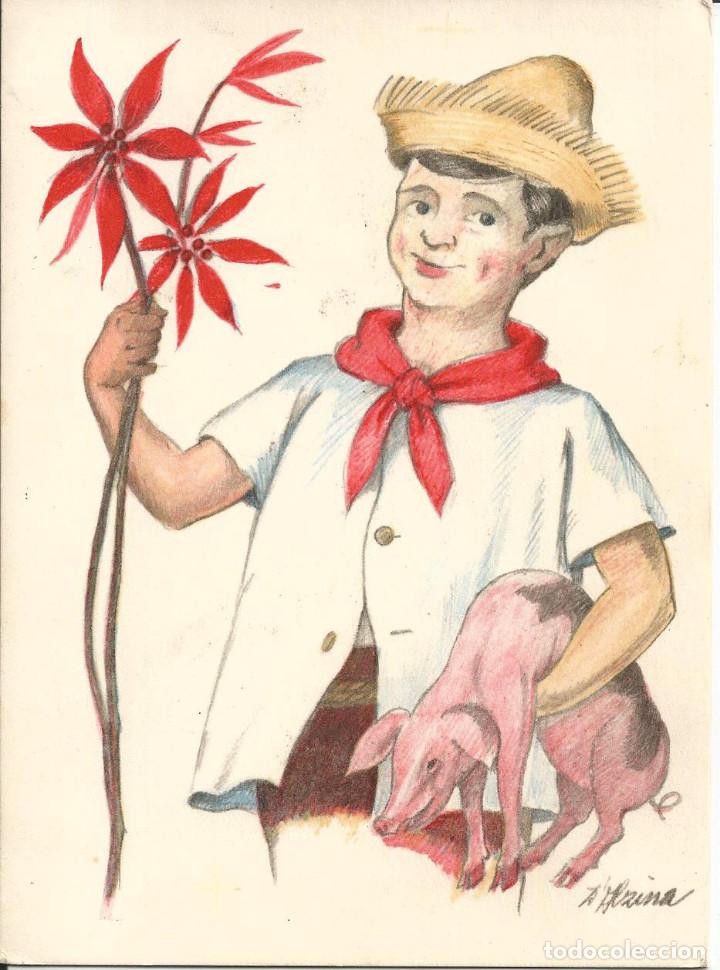 Postales: FELICITACION NAVIDAD, DOBLE ILUSTRACI&Oacute;N A. ALZINA - DIPTICA, 16X11,5 CM - A&Ntilde;O 1959