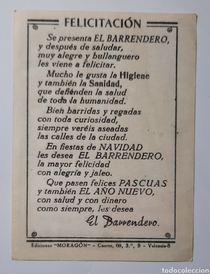 Postales: FELICITACION DE NAVIDAD / EL BARRENDERO / EDICIONES MORAGON - VALENCIA - Foto 2