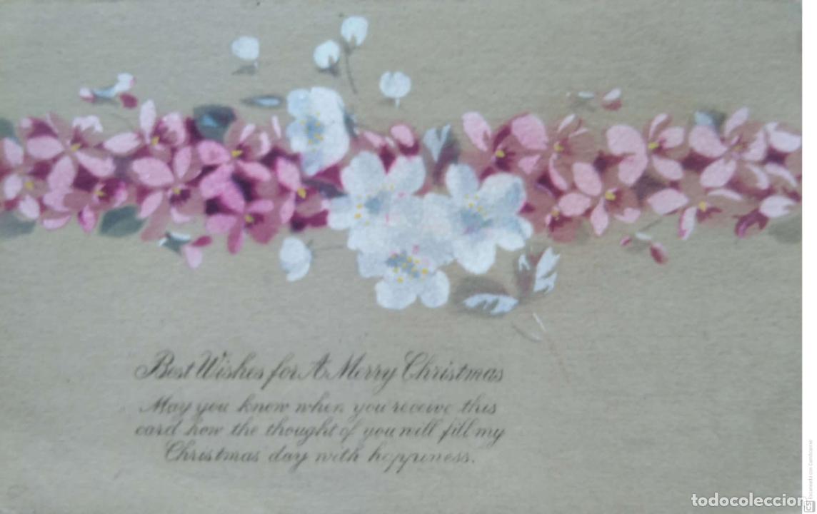 Postkarten: Felicitaci&oacute;n Navide&ntilde;a con ristra de flores. Nueva. Color