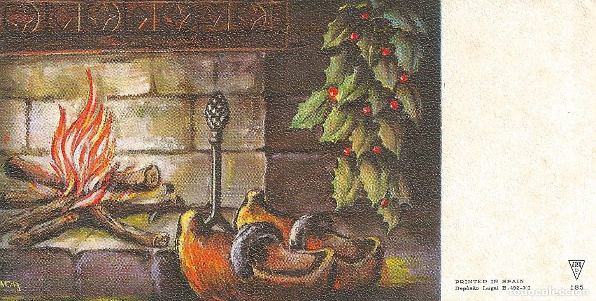 Postales: FELICITACION NAVIDAD *MCN* - CHIMENEA CON ZUECOS, ACEBO - ED. JBR B-185 - 12,5X6,5 CM