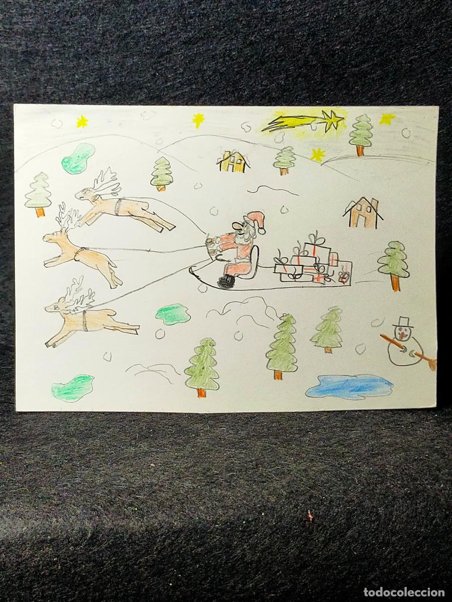 Postales: Felicitaci&oacute;n Navidad Original Dibujada y Pintada Por Un Ni&ntilde;o Curiosa Pap&aacute; Noel En Trineo