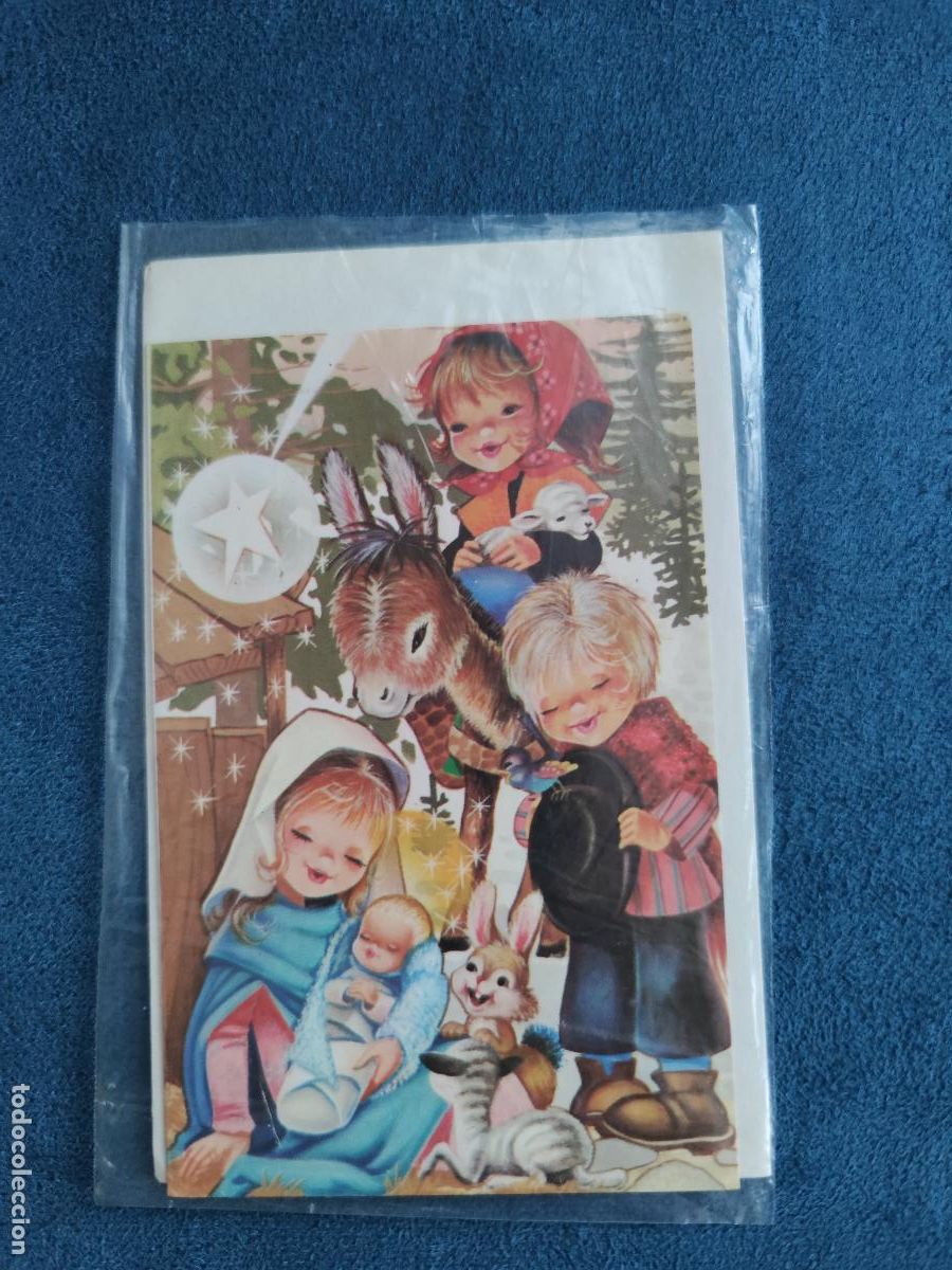 Postais: Antigua Postal Tarjeta Felicitaci&oacute;n Navide&ntilde;a D&iacute;ptica. Ilustraci&oacute;n Pastorcillos con Virgen y el Ni&ntilde;o