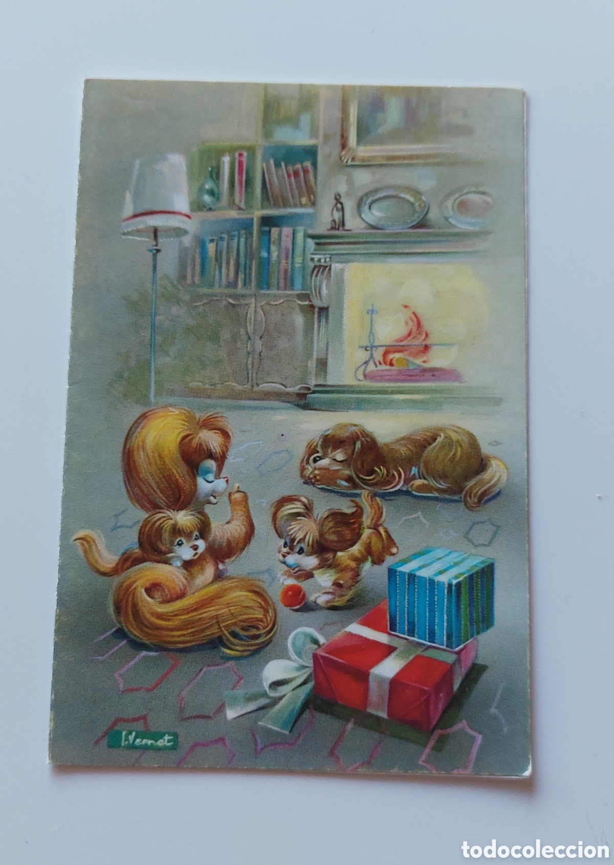 Postkarten: Tarjeta diptico felicitaci&oacute;n Navidad ilustra Vernet perritos con regalos en la chimenea / 8 x 12 cm