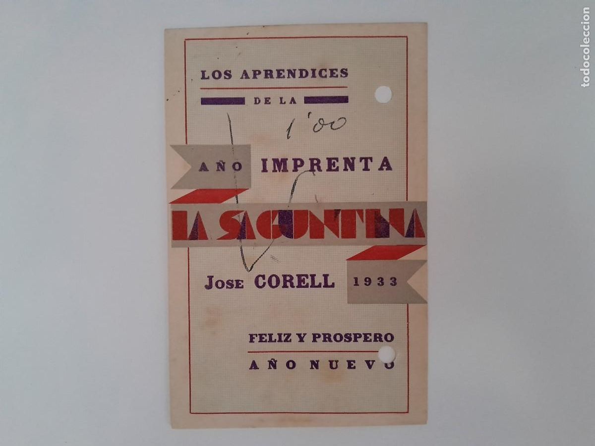 Postcards: TARJETA APRENDICES FELICITAN LAS PASCUAS NAVIDAD Y A&Ntilde;O NUEVO IMPRENTA SAGUNTINA JOSE CORRELL 1933 RV