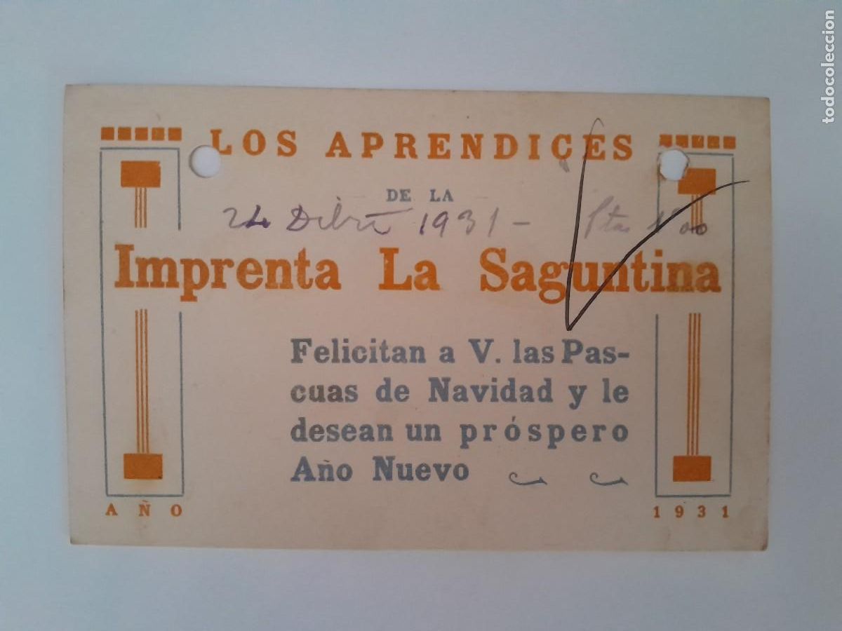Postcards: TARJETA APRENDICES FELICITAN LAS PASCUAS NAVIDAD Y A&Ntilde;O NUEVO IMPRENTA SAGUNTINA JOSE CORRELL 1931 RV