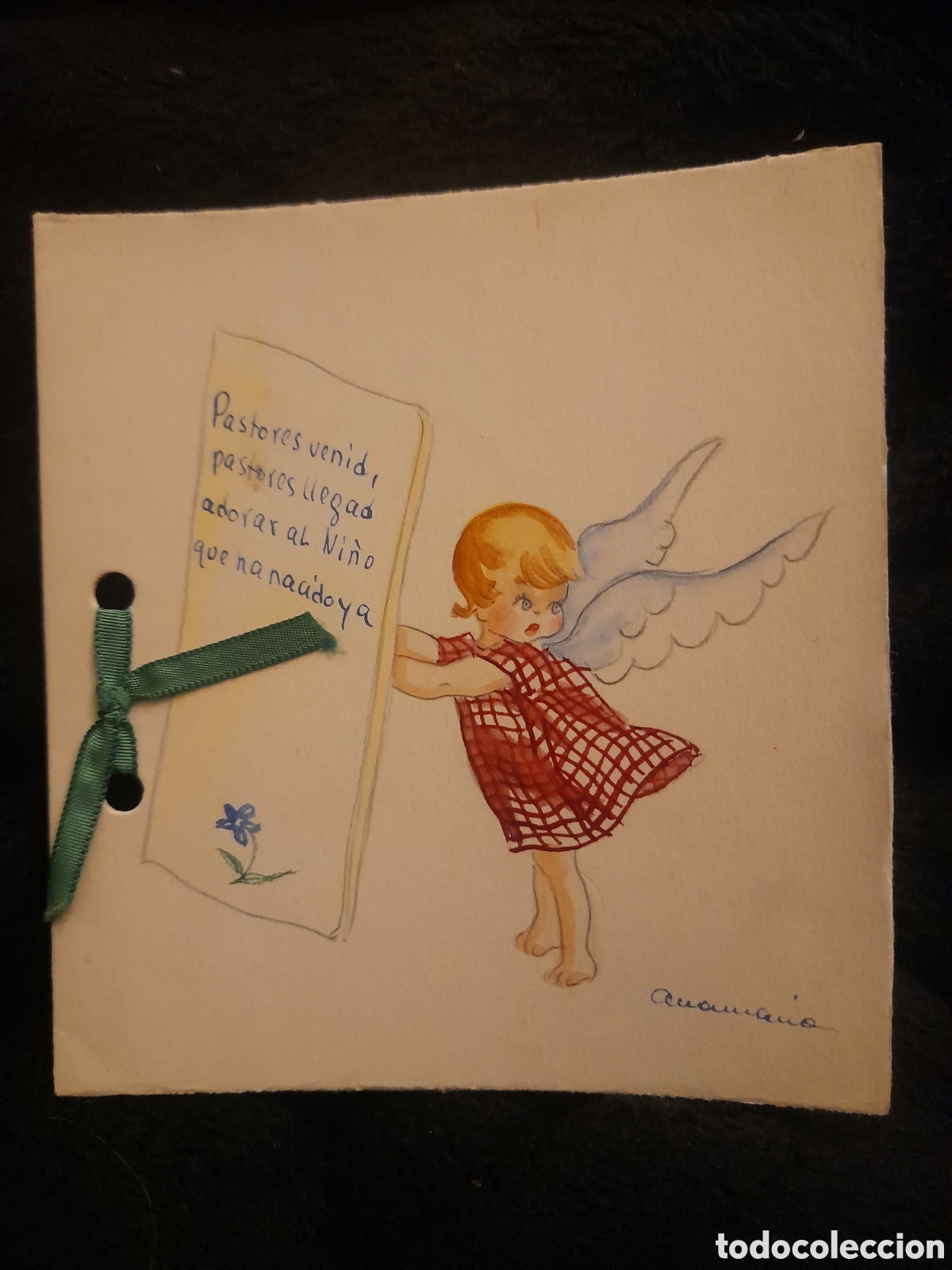 Postkarten: Antigua tarjeta para felicitaci&oacute;n de Navidad, decorada a mano, d&eacute;cada de 1940, mide 12,5x11,5 cm
