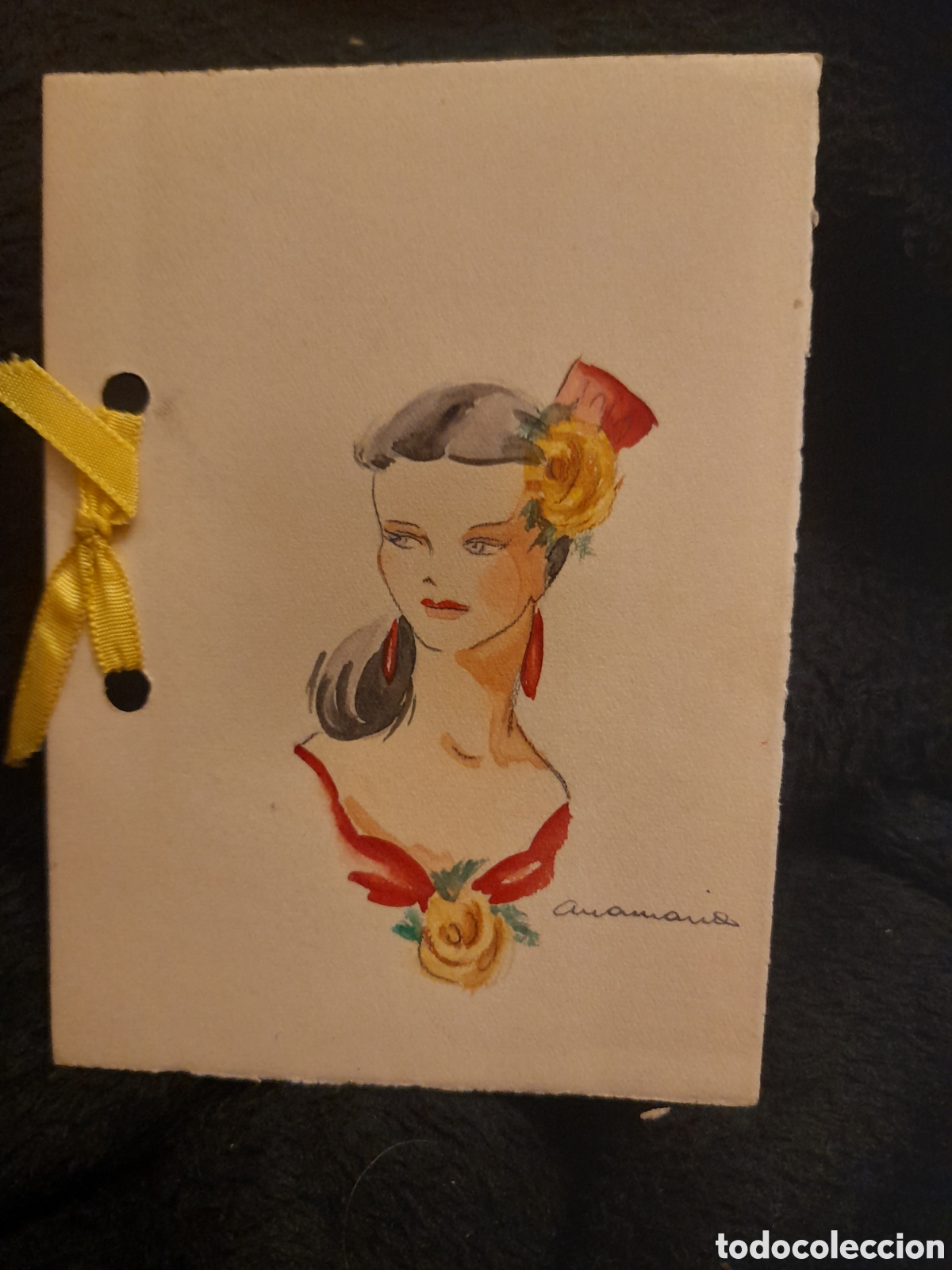 Postkarten: Antigua tarjeta para felicitaci&oacute;n de Navidad, decorada a mano, d&eacute;cada de 1940, mide 12,3x8,8 cm