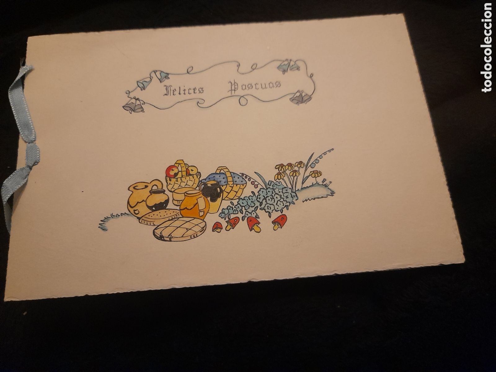 Postkarten: Antigua tarjeta para felicitaci&oacute;n de Navidad, decorada a mano, d&eacute;cada de 1940, mide 16,3x11cm