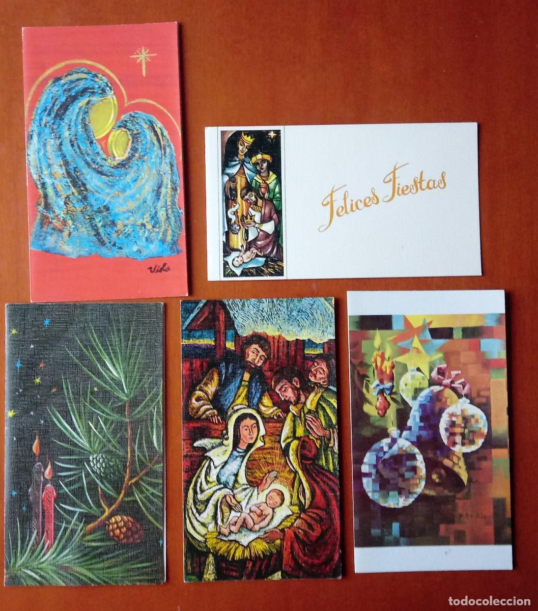 Postais: 5 antiguas tarjetas de felicitaci&oacute;n navide&ntilde;as 1975 y 1976. Christmas. Pintados con la boca.